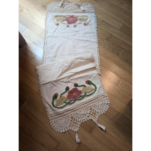 Handmade Other - Vintage Floral Hand Tufted Chenille Linen Table Runner Crochet Edge 60" x 20"